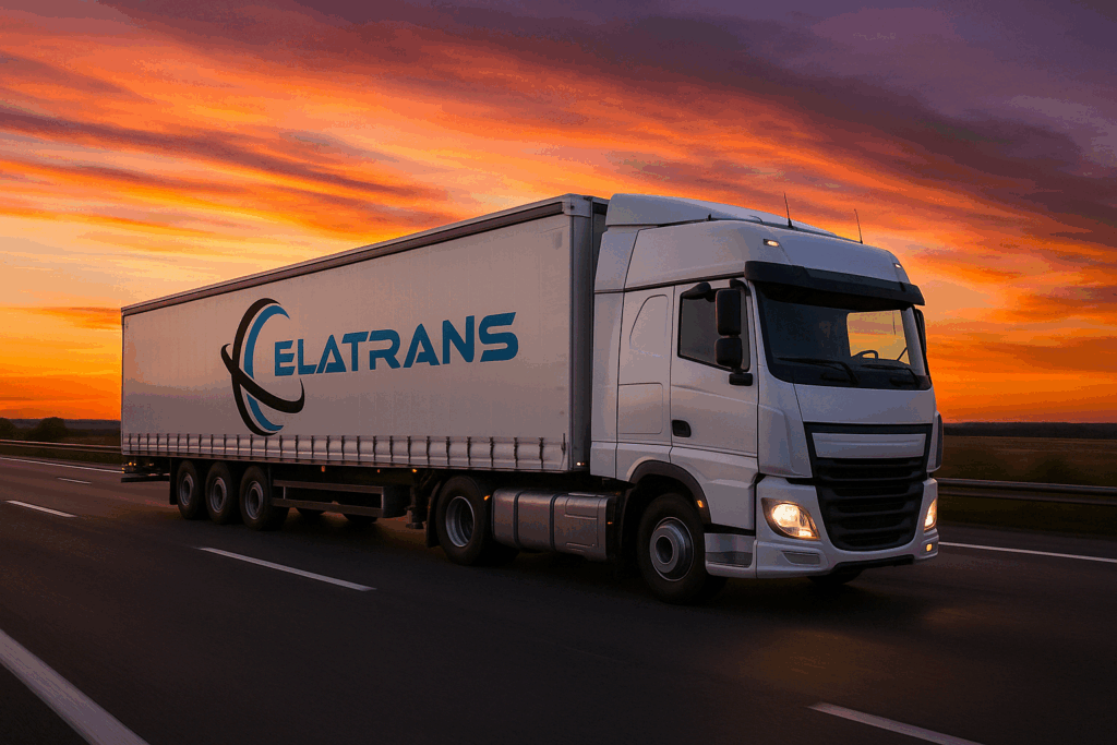 Illustration du camion bâché ELATRANS circulant au coucher du soleil